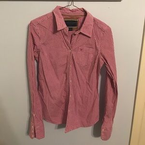 Pink and white check button down shirt